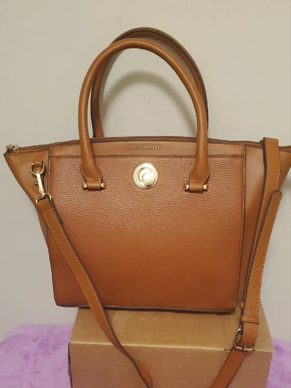 Ellen Tracy Cognac Brown Leather Satchel with Gold Hardware